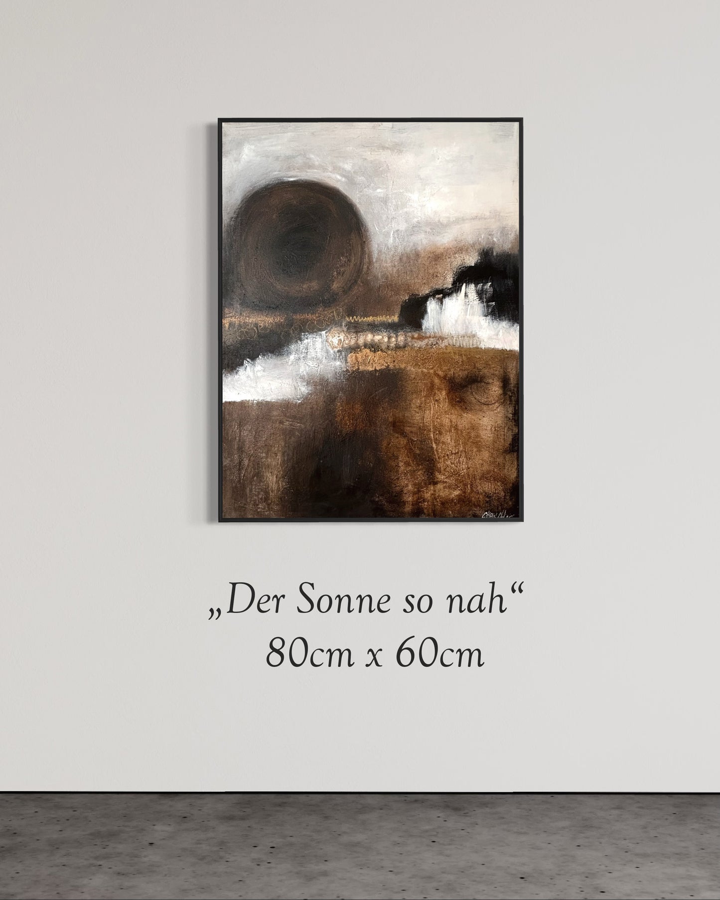 Abstraktes Landschaftsgemälde „Der Sonne so nah“ mit erdiger Struktur, warmem Licht und Acryl- und Ölfarben auf Leinwand.