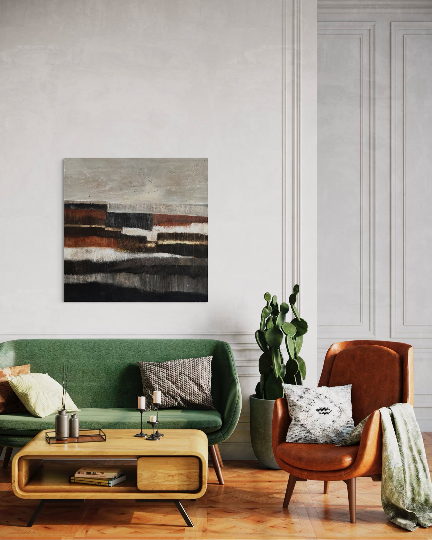 Strukturreiches Leinwandgemälde in Schwarz, Beige und Terra – moderne Kunst für ruhige Räume