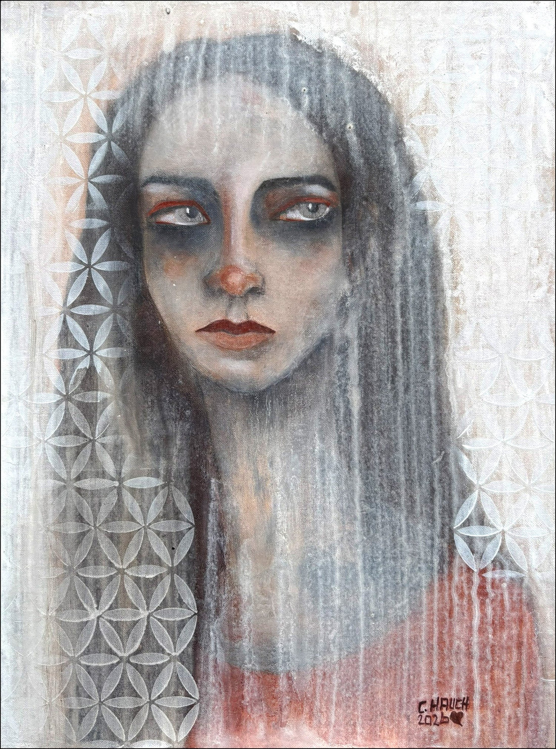 Modernes, abstraktes Frauenportrait mit ruhigem, durchdringendem Blick, das den Moment der Erkenntnis und inneren Wahrheit darstellt