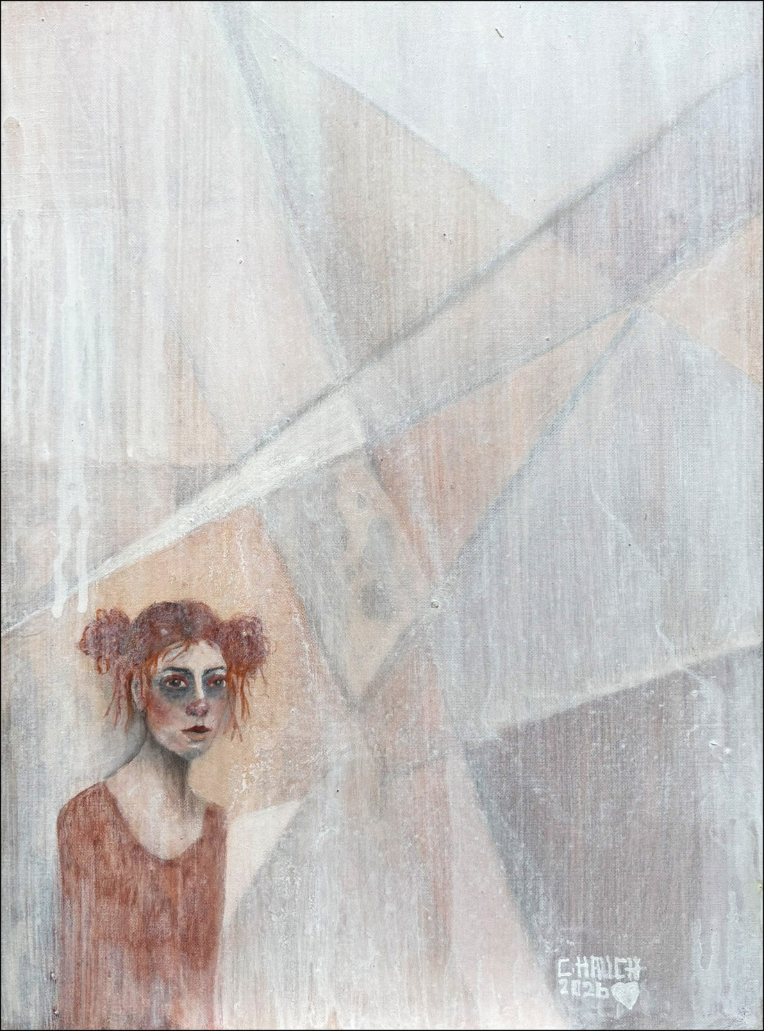 Abstraktes Gemälde einer weiblichen Figur in Erdschichten, die Einsamkeit und das Gefühl des Verlorenseins trotz sozialer Umgebung darstellt