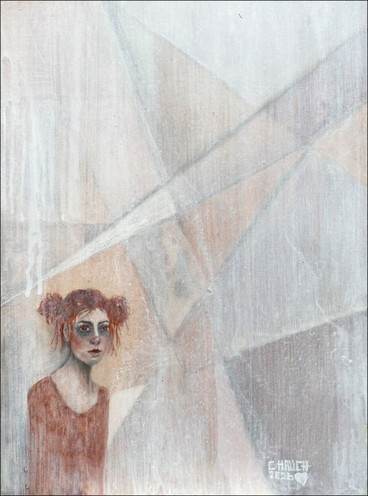 Abstraktes Gemälde einer weiblichen Figur in Erdschichten, die Einsamkeit und das Gefühl des Verlorenseins trotz sozialer Umgebung darstellt