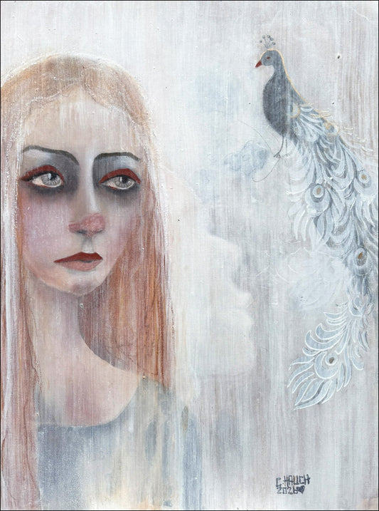 „Abstraktes Frauenportrait mit Pfau als Symbol für Ideenklau – emotionale Kunst aus der Serie Silent Girl“