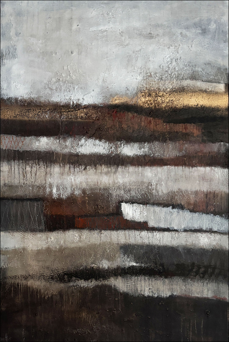 Strukturiertes Erdschichten-Gemälde in Naturtönen mit Asche, Sand und Erde – abstrakte Tiefe unter der Oberfläche