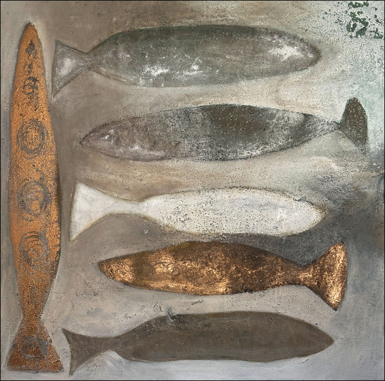 Abstraktes Fischbild in ruhiger Farbigkeit, inspiriert von der Stille unter Wasser, mit reduzierten Formen und stiller, meditativer Atmosphäre.