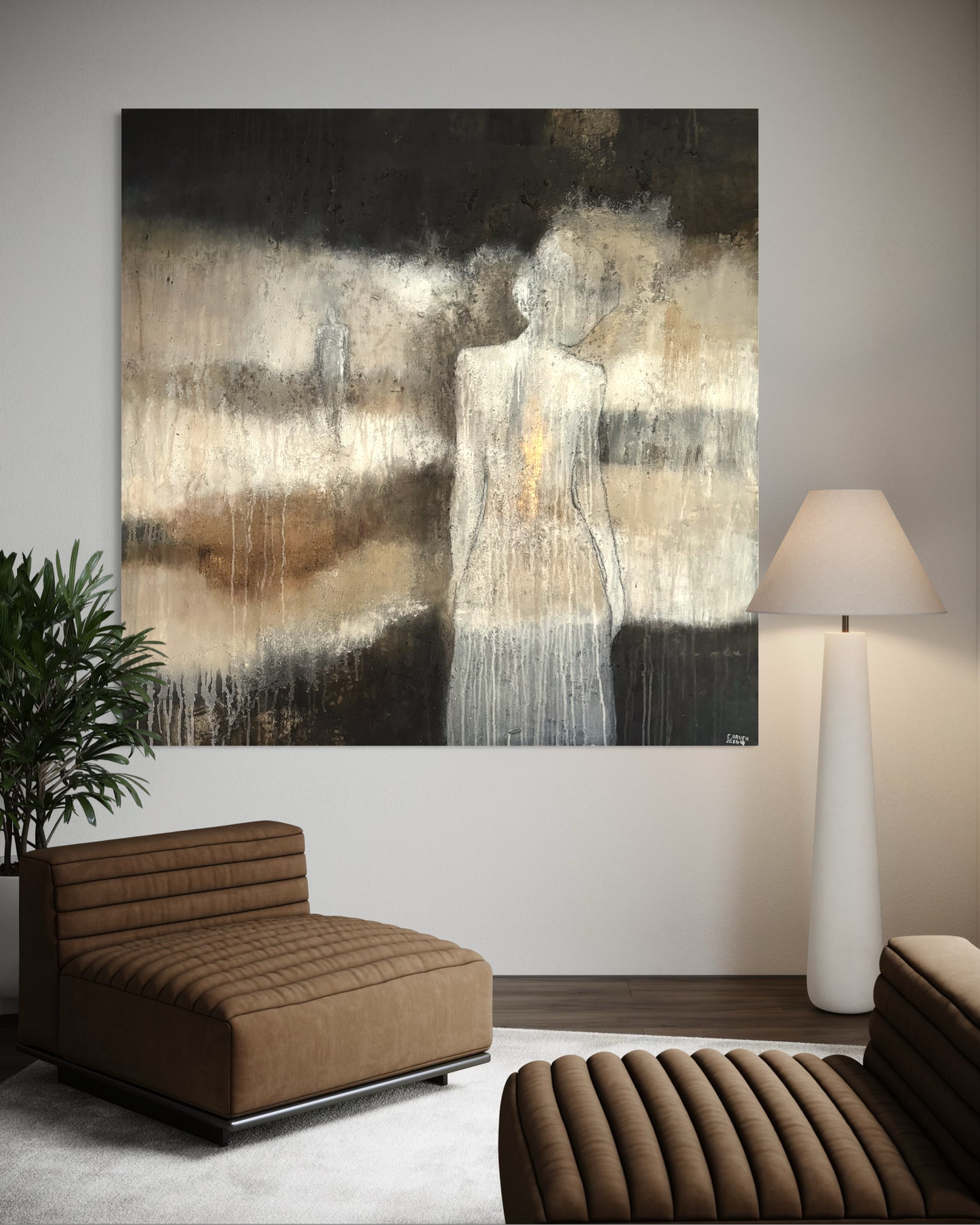 Abstraktes Frauenporträt mit Goldlinie und natürlichen Materialien auf Leinwand.
