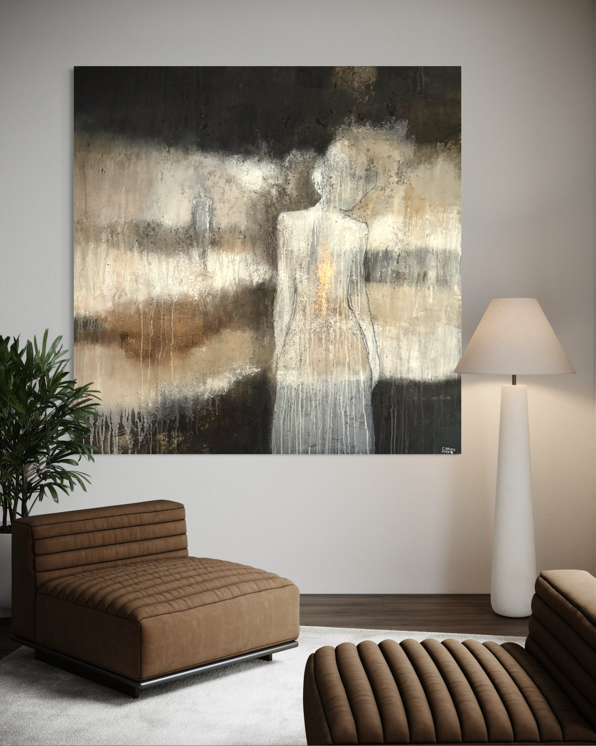 Abstraktes Frauenporträt mit Goldlinie und natürlichen Materialien auf Leinwand.