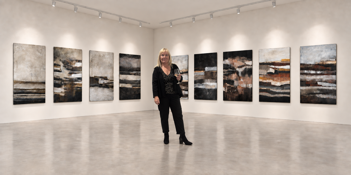 Cornelia Hauch steht in einer Galerie, wo ihre Serie der Erdschichten präsentiert werden. 9 Werke je 120x80cm