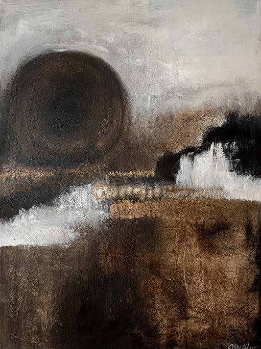 Abstrakte Kunst mit Landschaftscharakter, warmen Naturfarben und spürbarer Tiefe auf Leinwand.