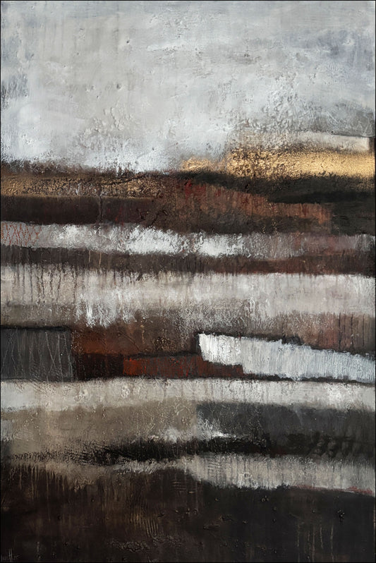 Abstraktes Gemälde „Tiefe Erdschichten“ mit Struktur aus Erde, Asche und Ölfarbe, 120×80 cm