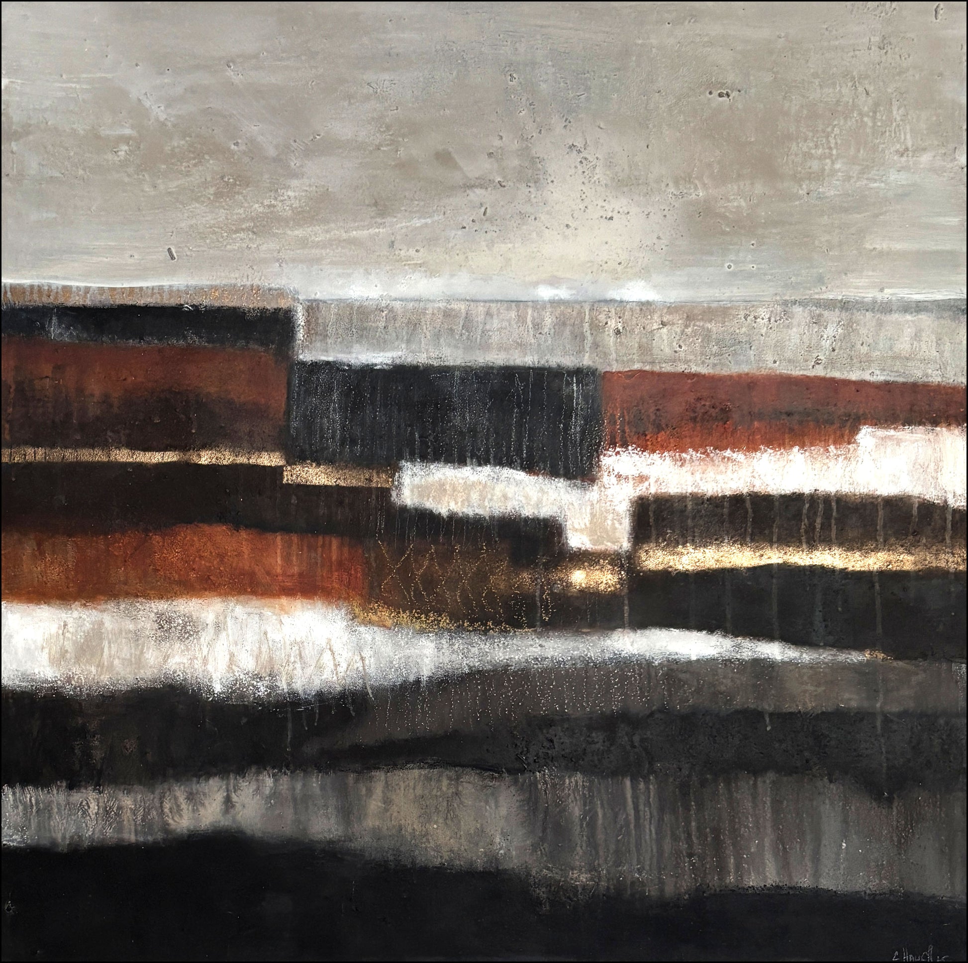 Moderne Wandkunst mit erdiger Textur: Acryl- und Ölfarben auf Leinwand in Schwarz, Beige, Grau und Gold