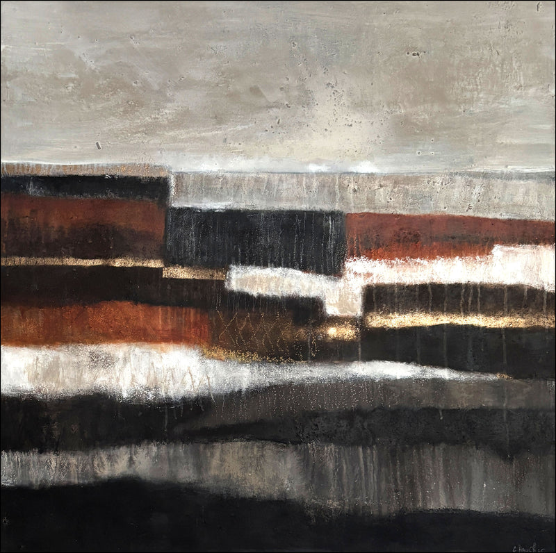 Moderne Wandkunst mit erdiger Textur: Acryl- und Ölfarben auf Leinwand in Schwarz, Beige, Grau und Gold