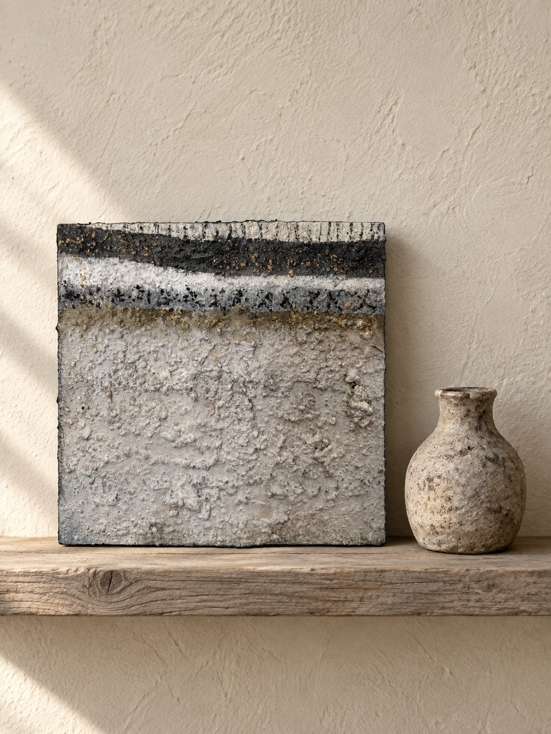 Erdfragment Nr. 1, kleines Wandobjekt auf Holzregal neben Keramikvase, für Wohnzimmer oder Sideboard