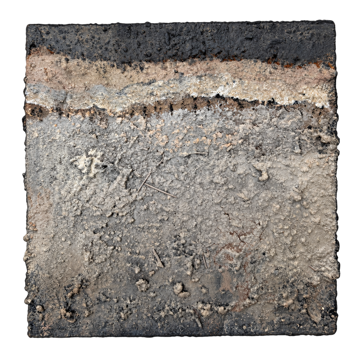 Erdfragment Nr. 3, quadratisches Wandobjekt mit Erdschichten-Relief in Schwarz, Weiß, Beige 