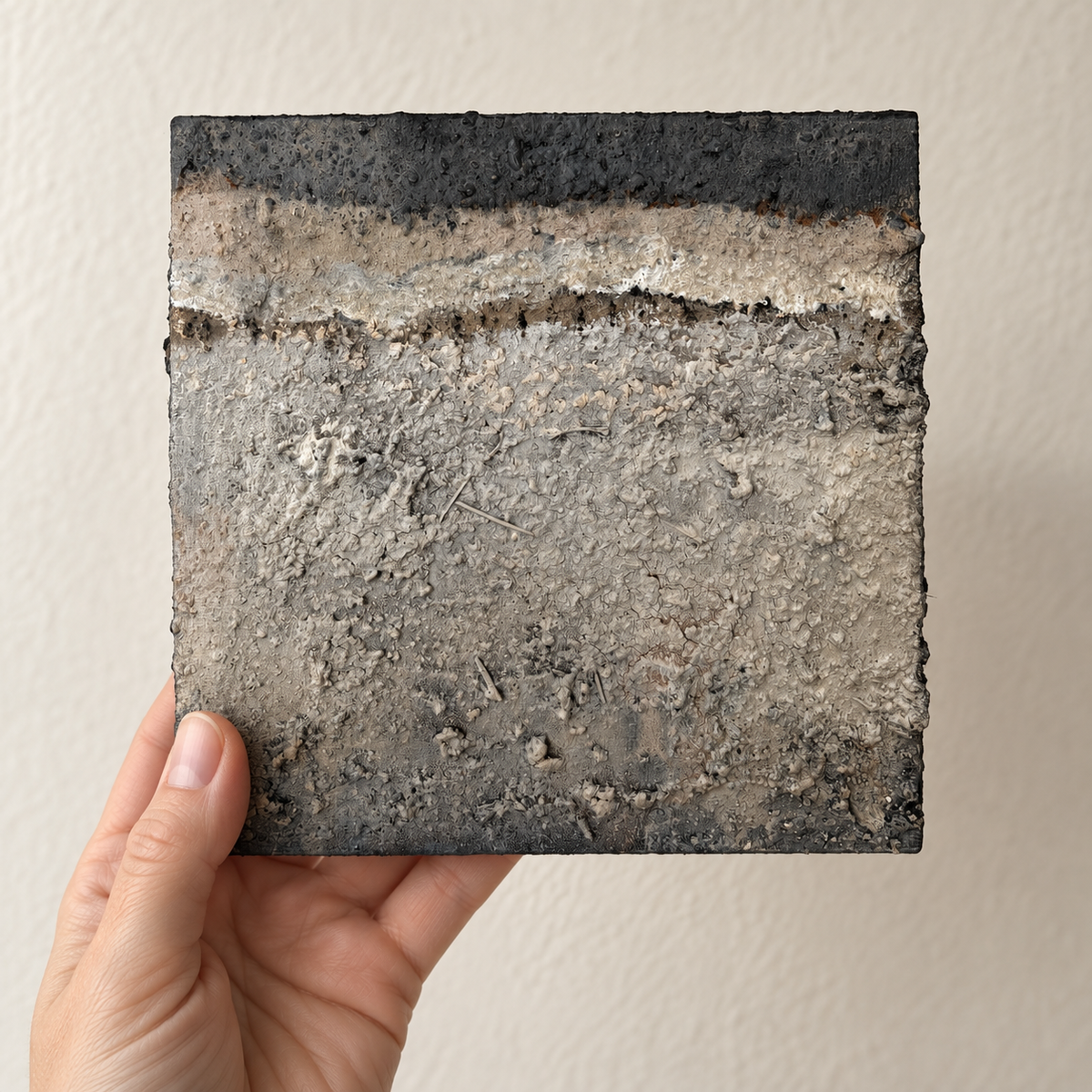 Erdfragment Nr. 3, kleines Wandobjekt 15×15 cm in Schwarz, Weiß , in der Hand gehalten zum Größenvergleich