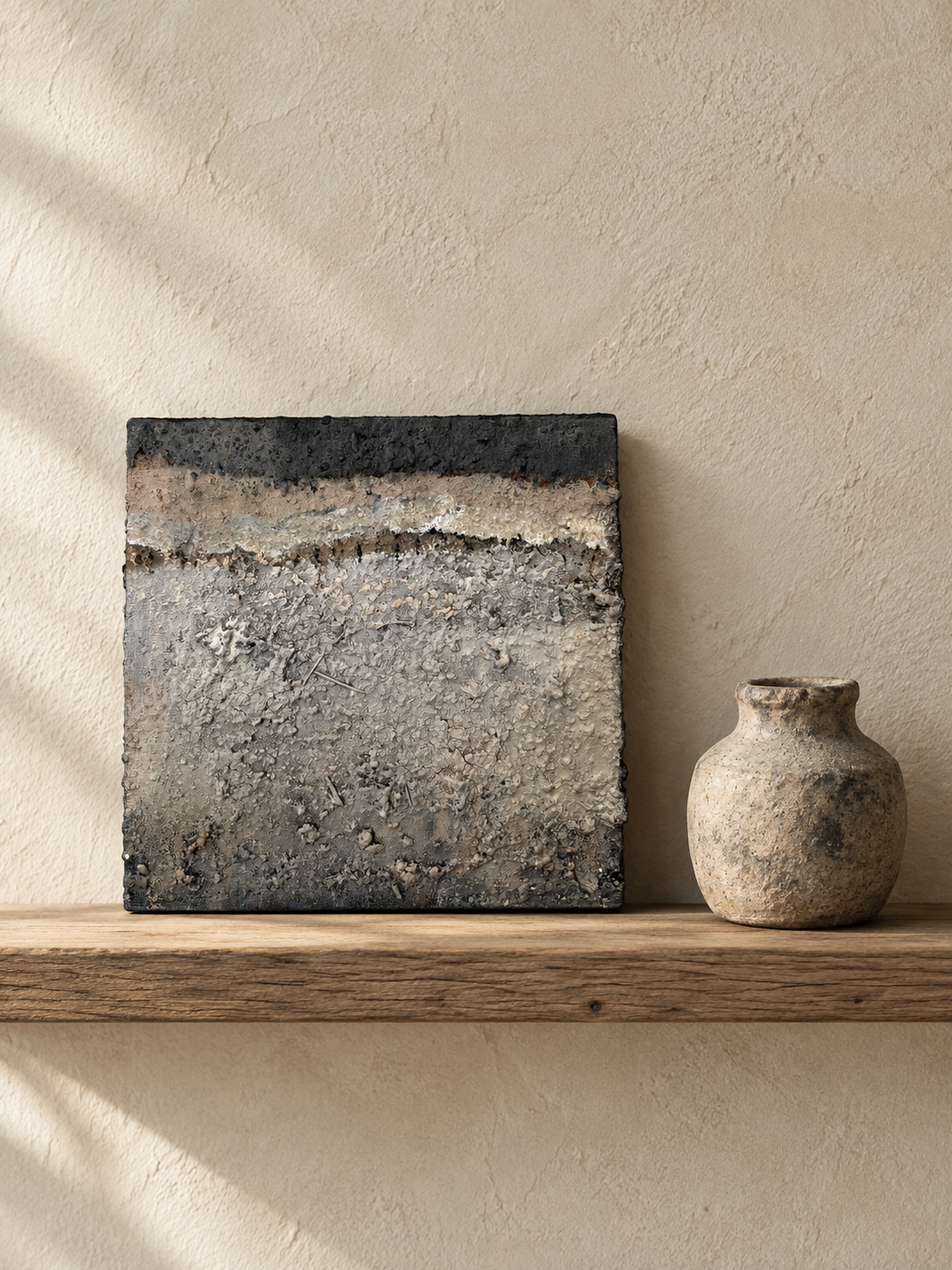 Erdfragment Nr. 3, kleines Wandobjekt auf Holzregal neben Keramikvase, für Wohnzimmer oder Sideboard
