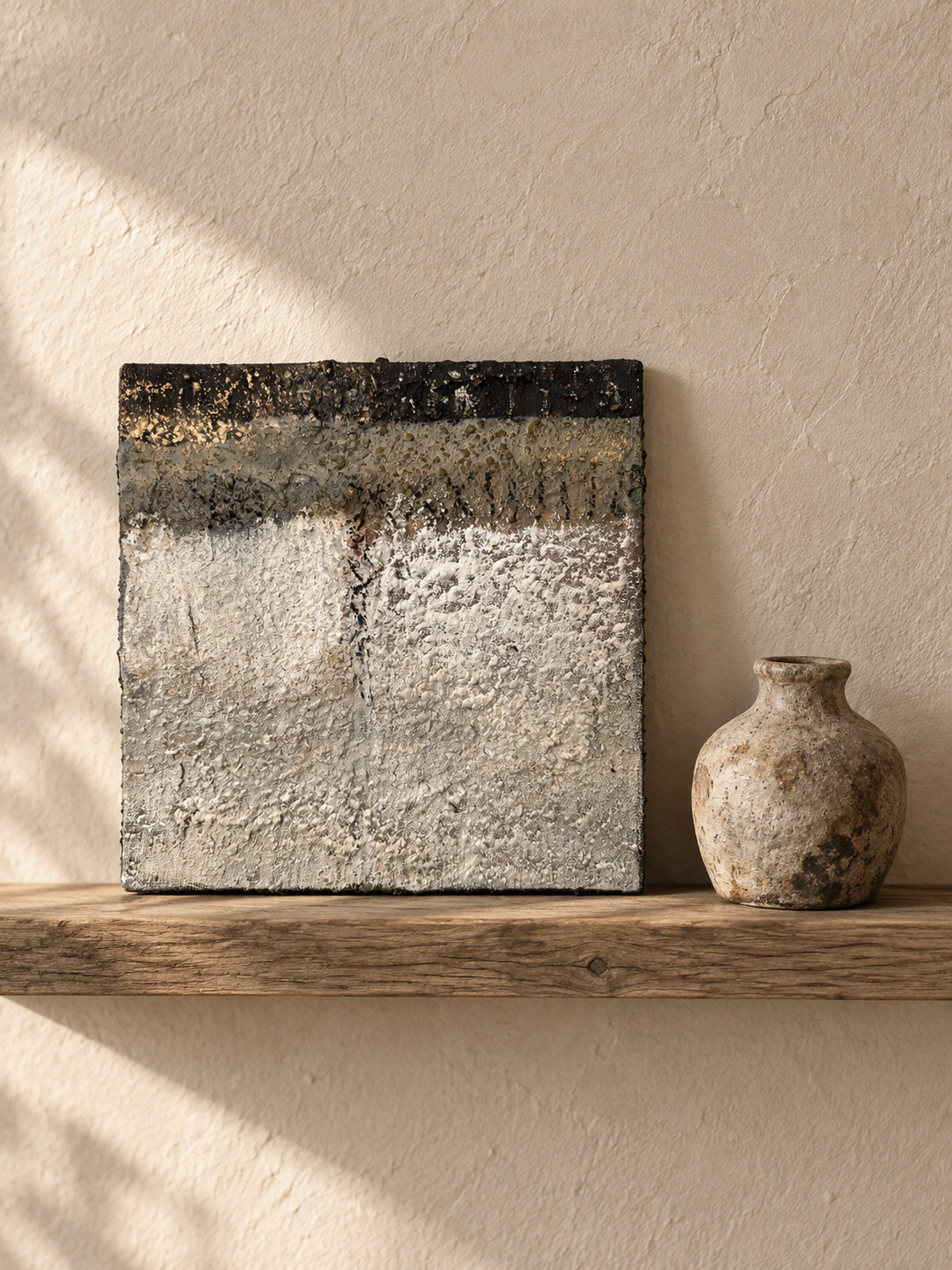 Erdfragment Nr. 5, kleines Wandobjekt auf Holzregal neben Keramikvase, für Wohnzimmer oder Sideboard