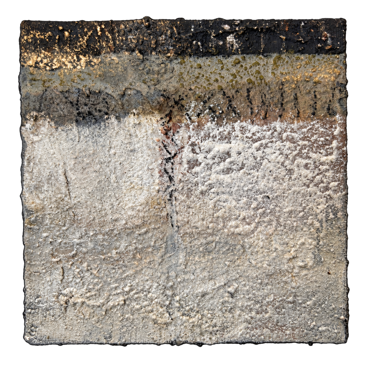 Erdfragment Nr. 5, quadratisches Wandobjekt mit Erdschichten-Relief in Schwarz, Weiß, Beige und Gold
