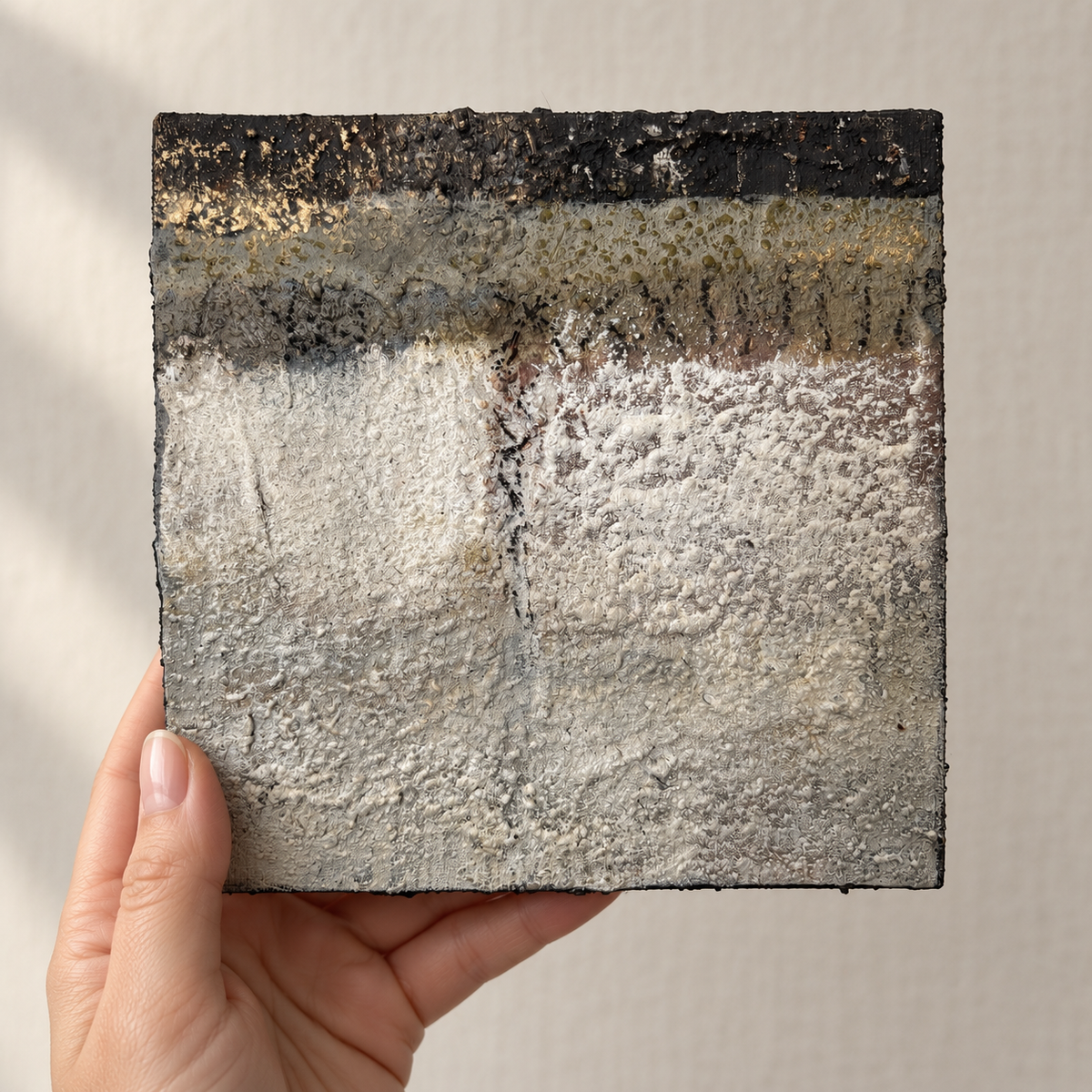 Erdfragment Nr. 5, kleines Wandobjekt 15×15 cm in Schwarz, Weiß und Gold, in der Hand gehalten zum Größenvergleich