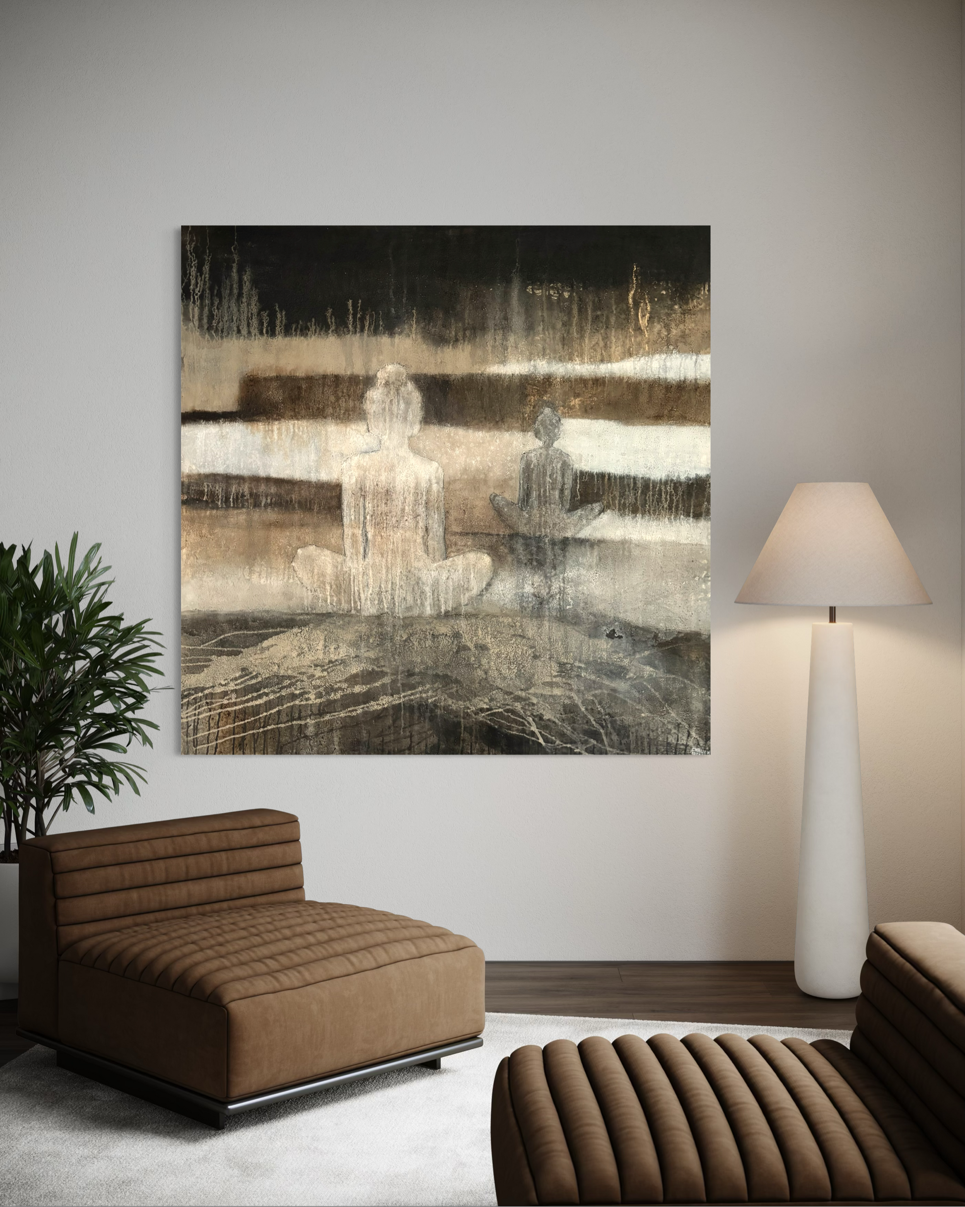 Innehalten von Cornelia Hauch im Wohnraum, abstraktes Unikat 120×120 cm