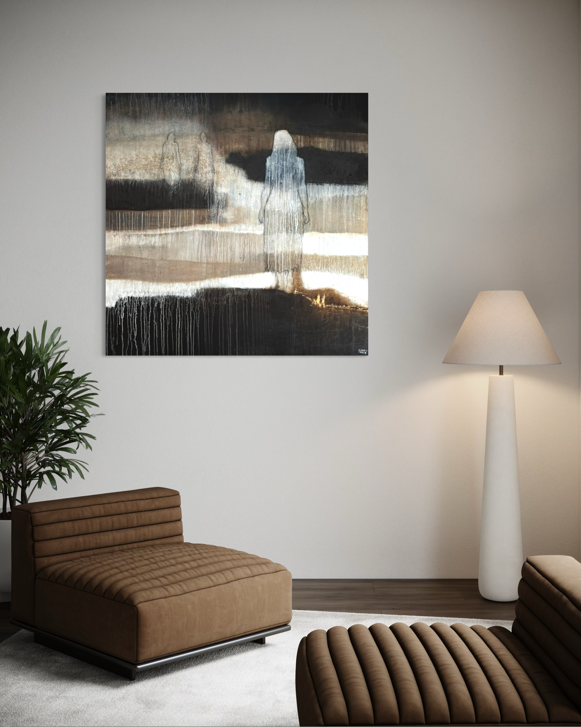 Weitergehen von Cornelia Hauch im Wohnraum, abstraktes Unikat 120×120 cm