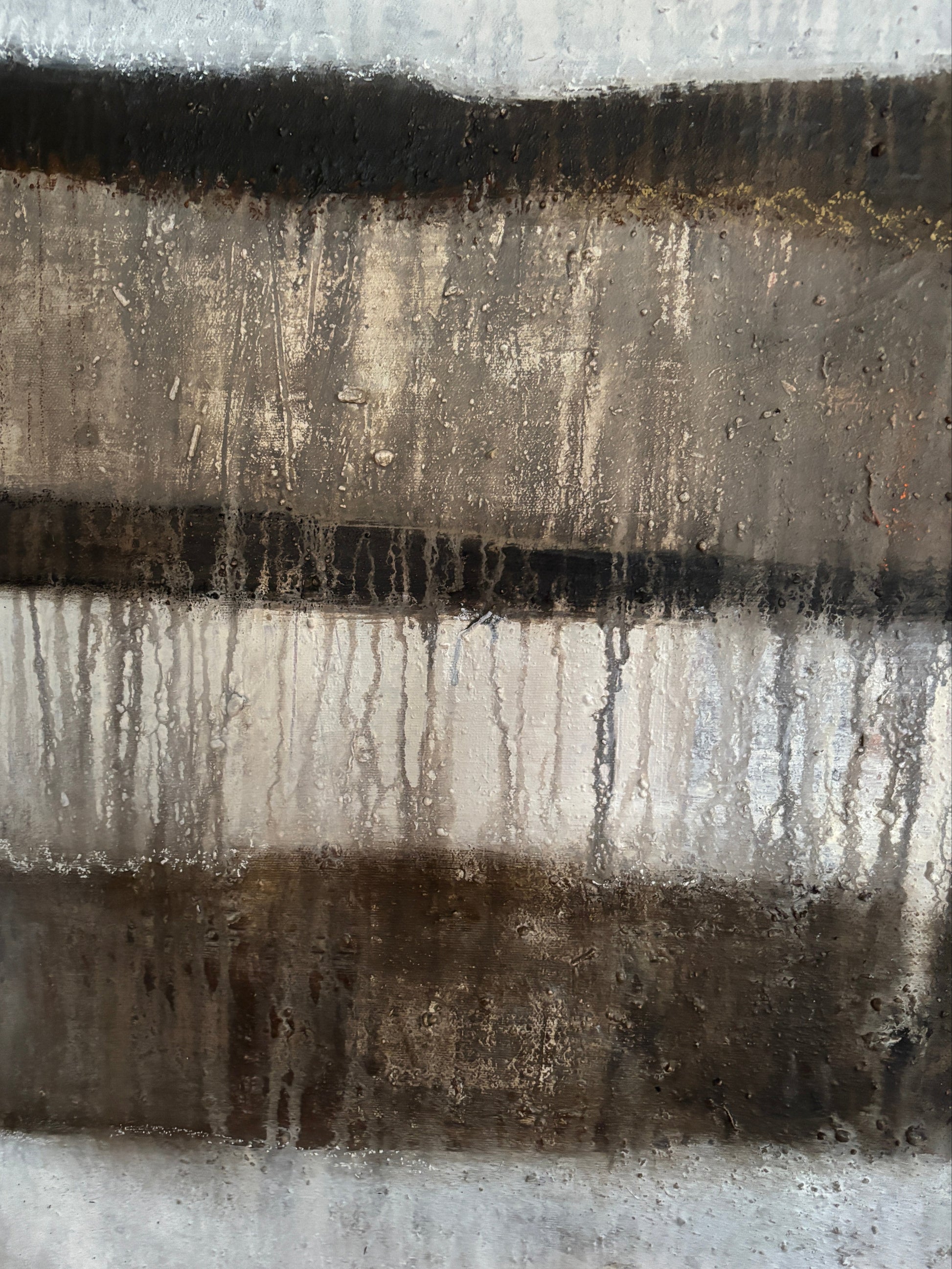 „Detailansicht der Farbschichten: Kombination aus Öl- und Acrylfarben erzeugt eine reliefartige Sediment-Optik.“