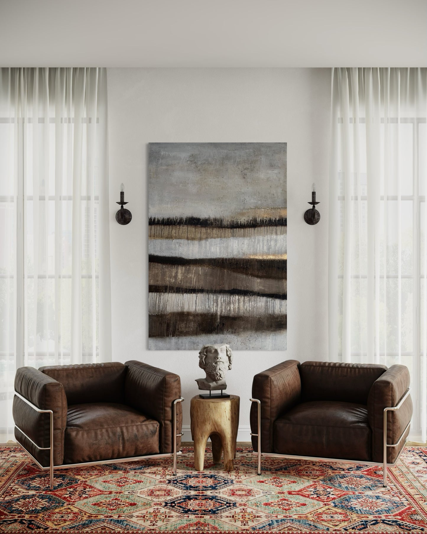 „Großformatiges abstraktes Gemälde über einem Sofa im Wohnzimmer zeigt die elegante Wirkung der Gold- und Naturtöne.“