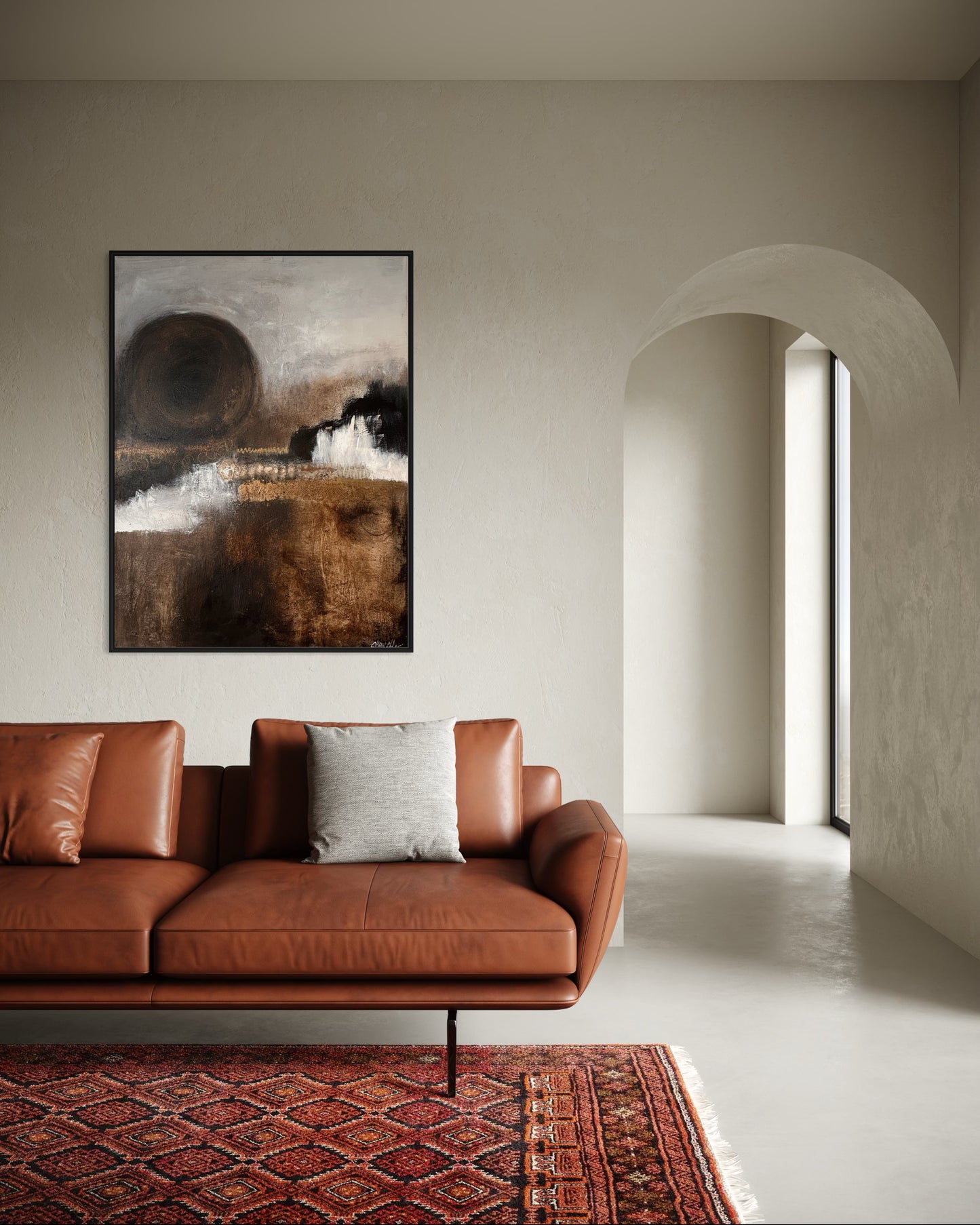 Strukturreiches abstraktes Gemälde mit Lichtakzent und erdigen Farbschichten, zeitgenössische Kunst.