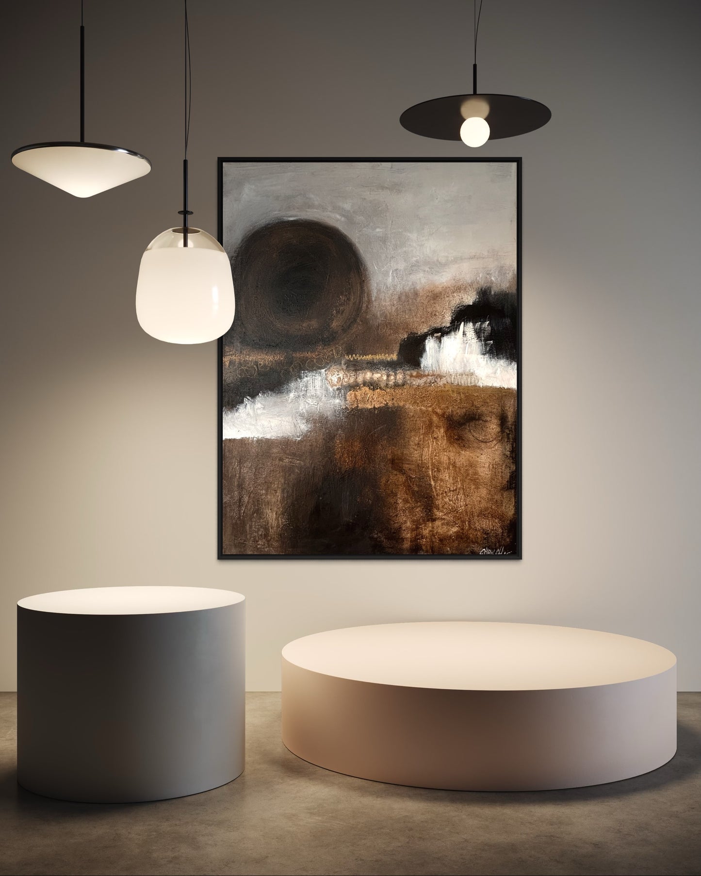 Abstraktes Landschaftsbild mit ruhiger Farbigkeit, Erdtexturen und sanfter, lichtvoller Wirkung.