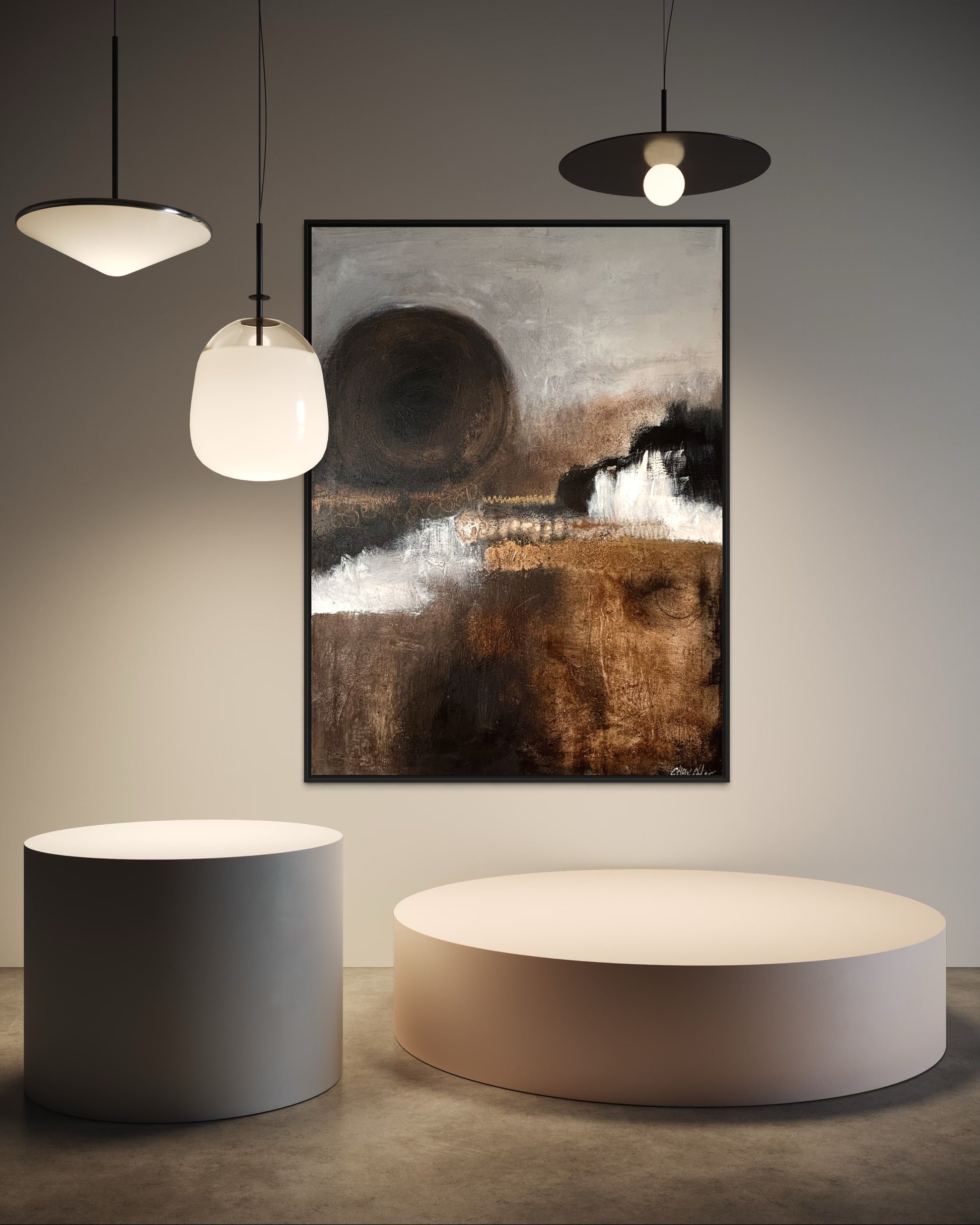 Abstraktes Landschaftsbild mit ruhiger Farbigkeit, Erdtexturen und sanfter, lichtvoller Wirkung.