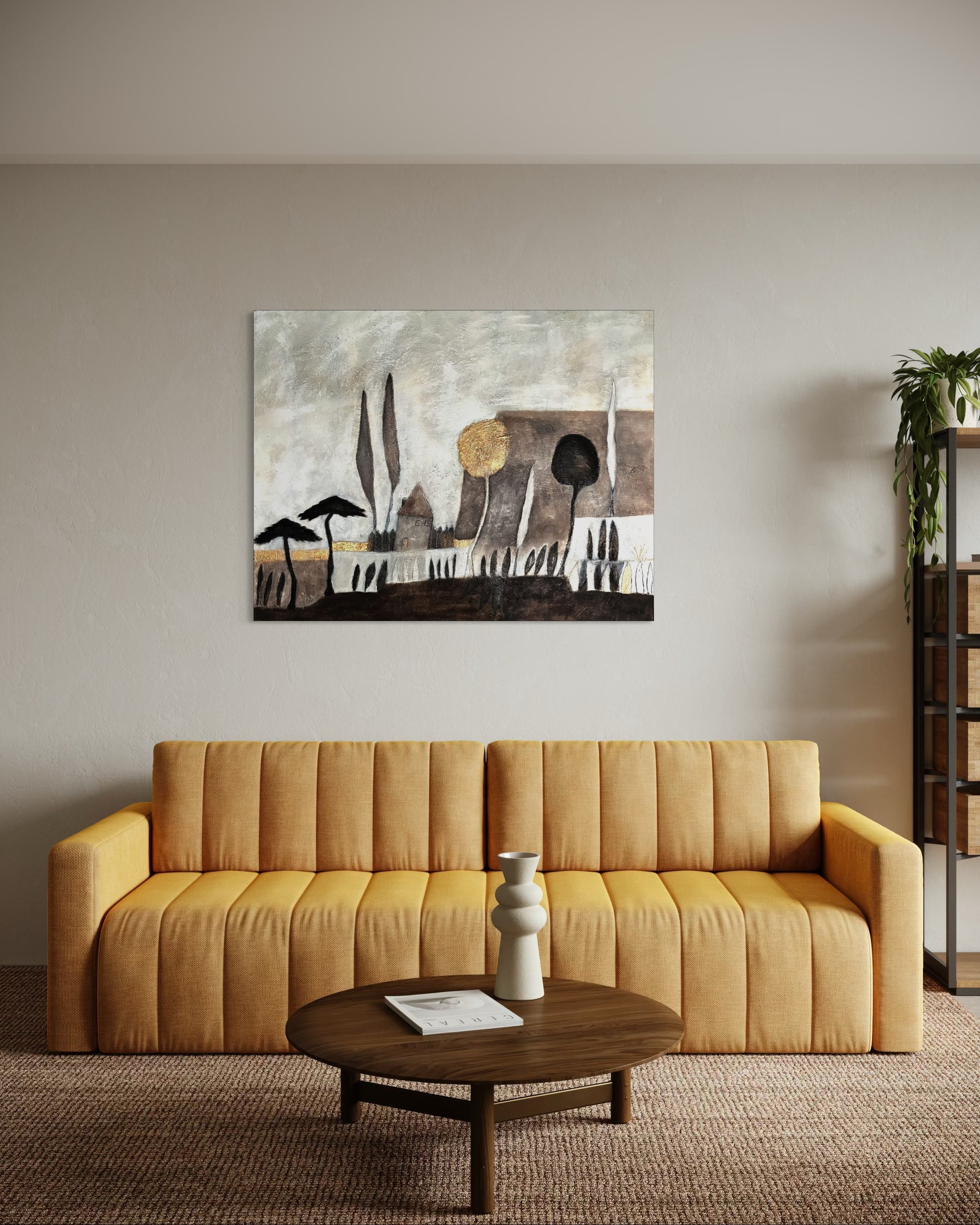 Abstrakte Toskana-Landschaft mit Zypressen, warmen Naturfarben und goldenen Lichtspuren auf Leinwand.