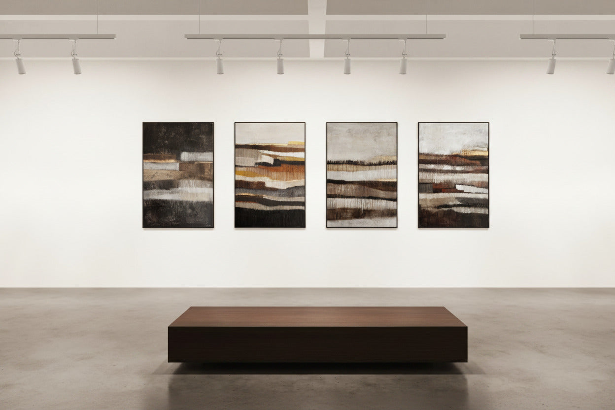 Installationsansicht der Werkserie „Erdschichten“ von Cornelia Hauch. Vier großformatige abstrakte Gemälde mit horizontalen Schichtungen aus Erde, Asche, Marmormehl und Ölfarbe hängen in einem Galerieraum. Die Werke erinnern an geologische Sedimente, Landschaften und die Spuren von Zeit, Erinnerung und Veränderung.