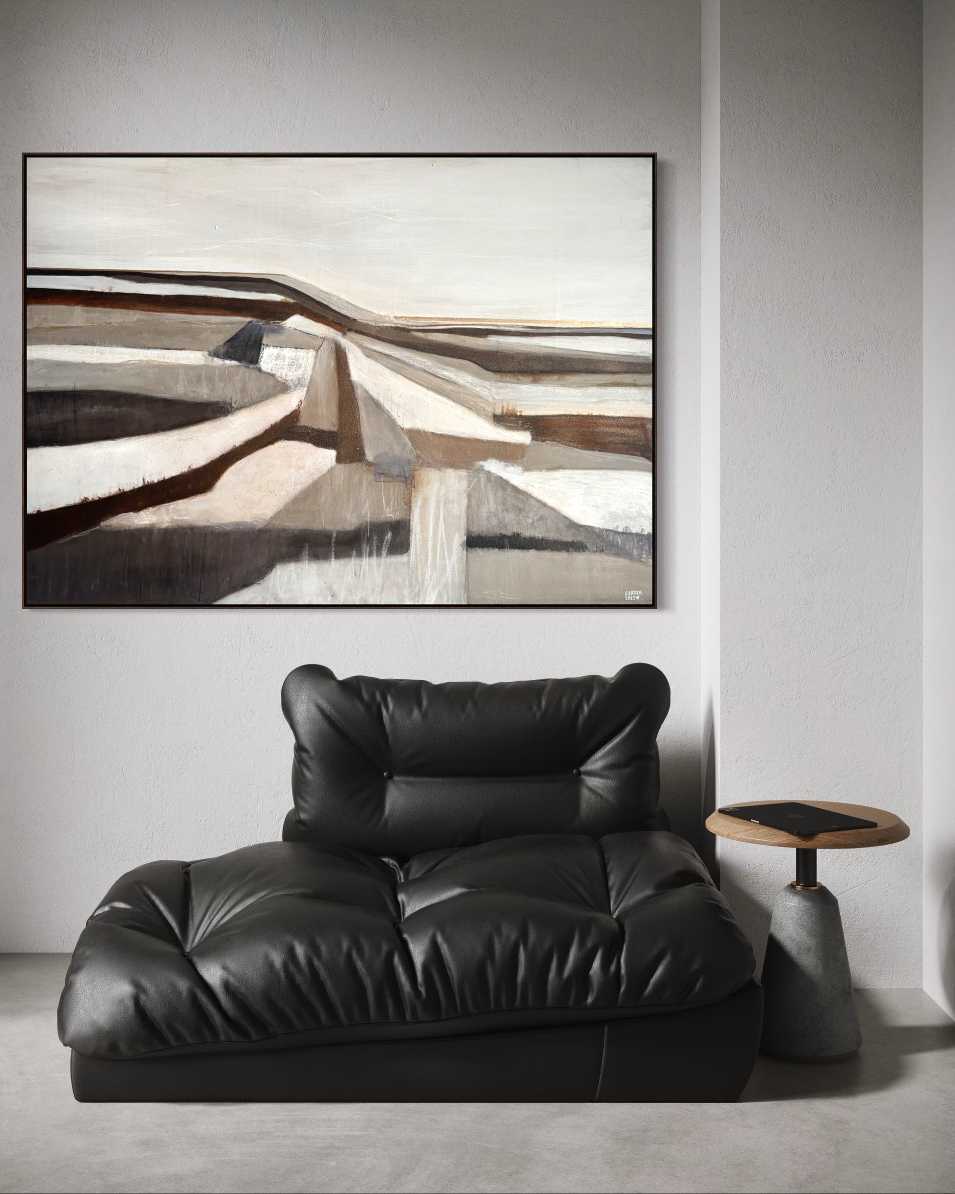 Großformatige abstrakte Winterlandschaft mit horizontalen Strukturen und stiller Farbgebung in Grau und Beige.