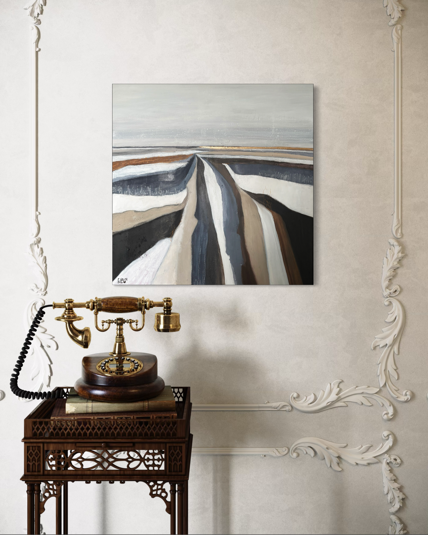 „Künstlerische Details der horizontalen Farbschichten, die an gefrorene Erde und Schnee erinnern.“