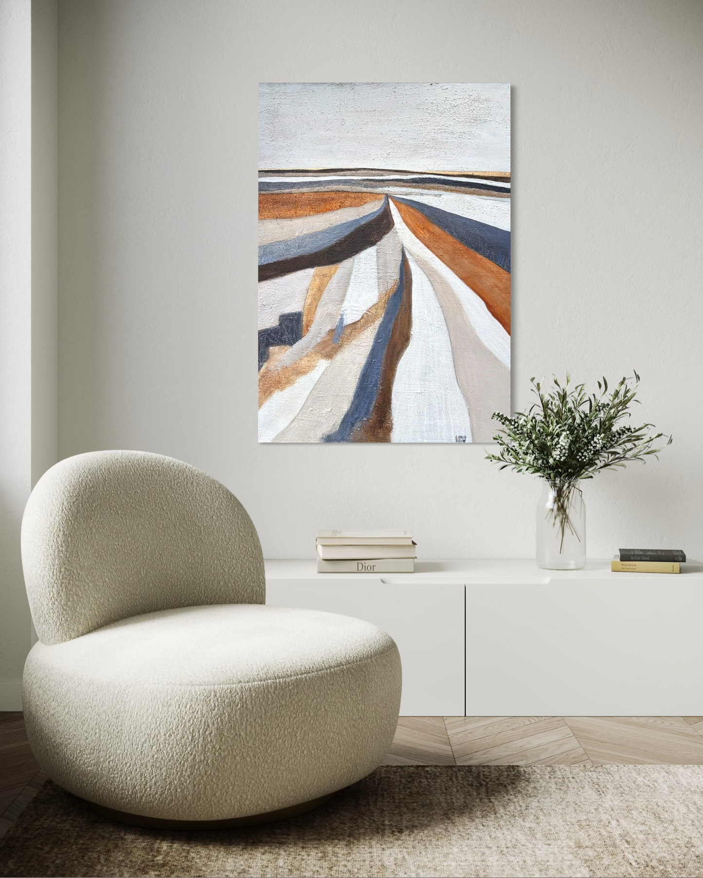 „Zeitlose abstrakte Kunst ‚Winterfelder‘ vermittelt Stille und Weite durch reduzierte horizontale Farbschichten.“