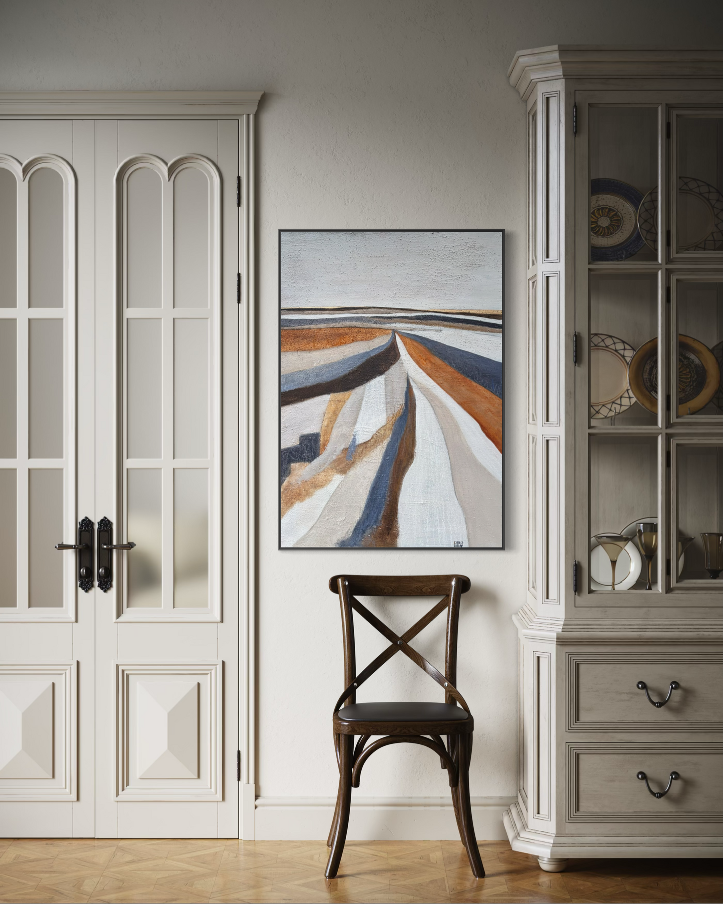  „Großformatiges Leinwandbild 100x70 cm über einem Sideboard, ideal für minimalistische und geerdete Wohnräume.“