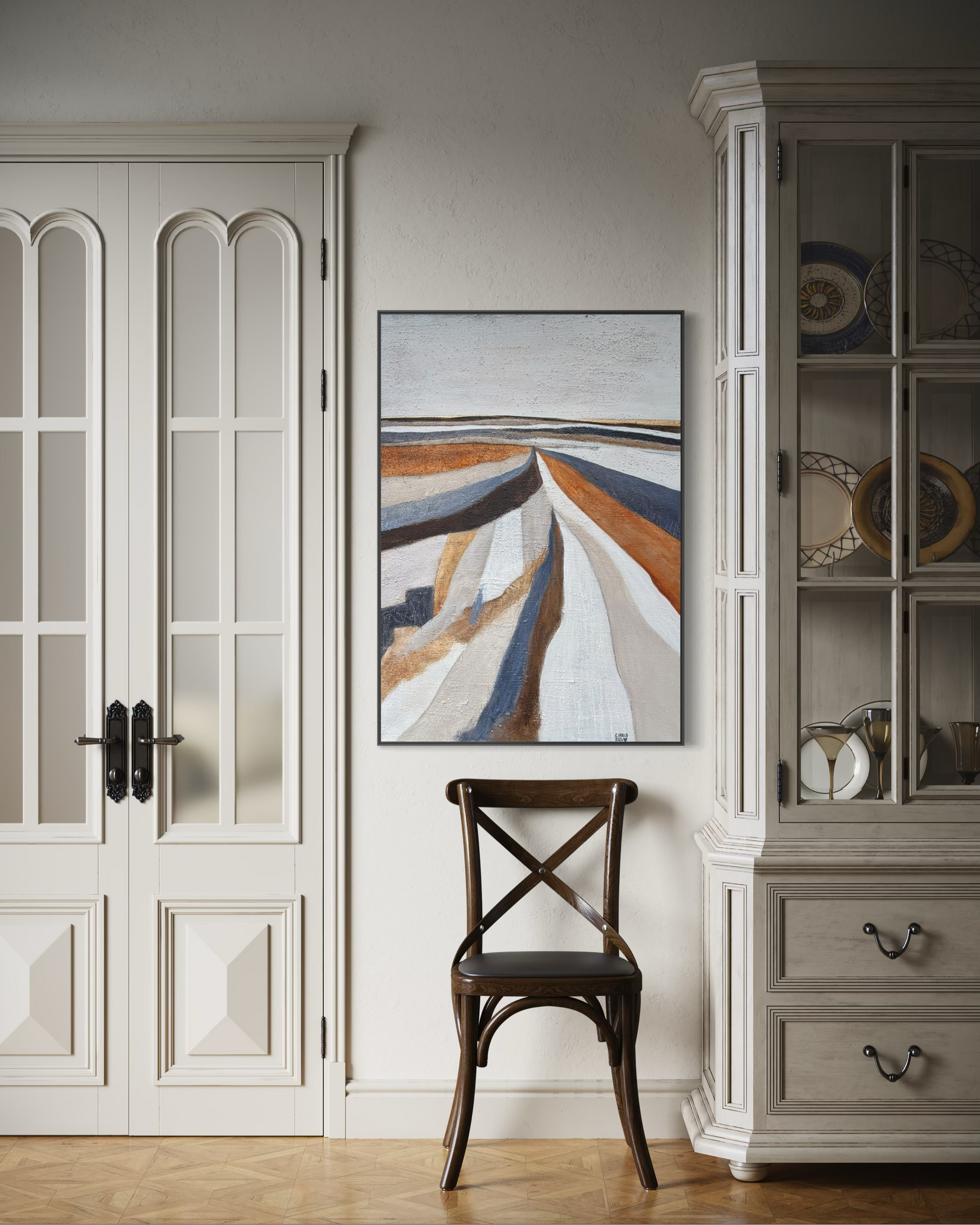  „Großformatiges Leinwandbild 100x70 cm über einem Sideboard, ideal für minimalistische und geerdete Wohnräume.“