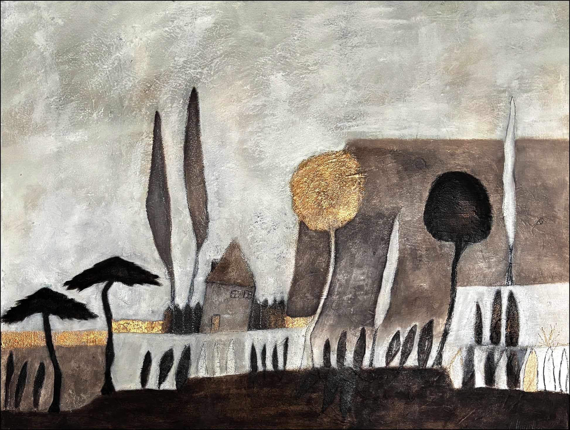 Abstraktes Originalgemälde von Cornelia Hauch – Toskana-inspirierte Landschaft mit Gold und Naturfarben.