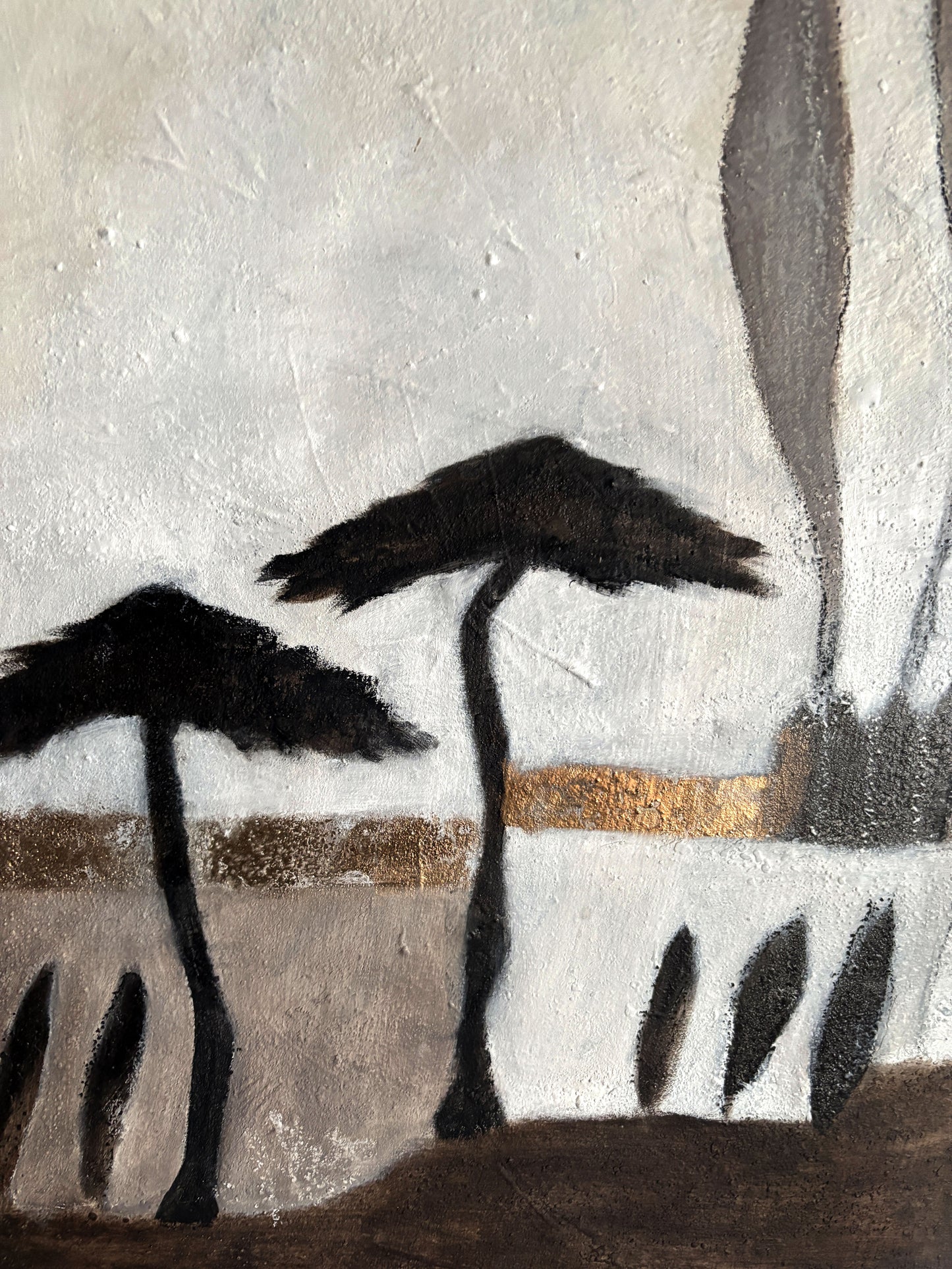 Handgemaltes abstraktes Landschaftsbild mit mediterraner Stimmung und strukturierter Oberfläche.