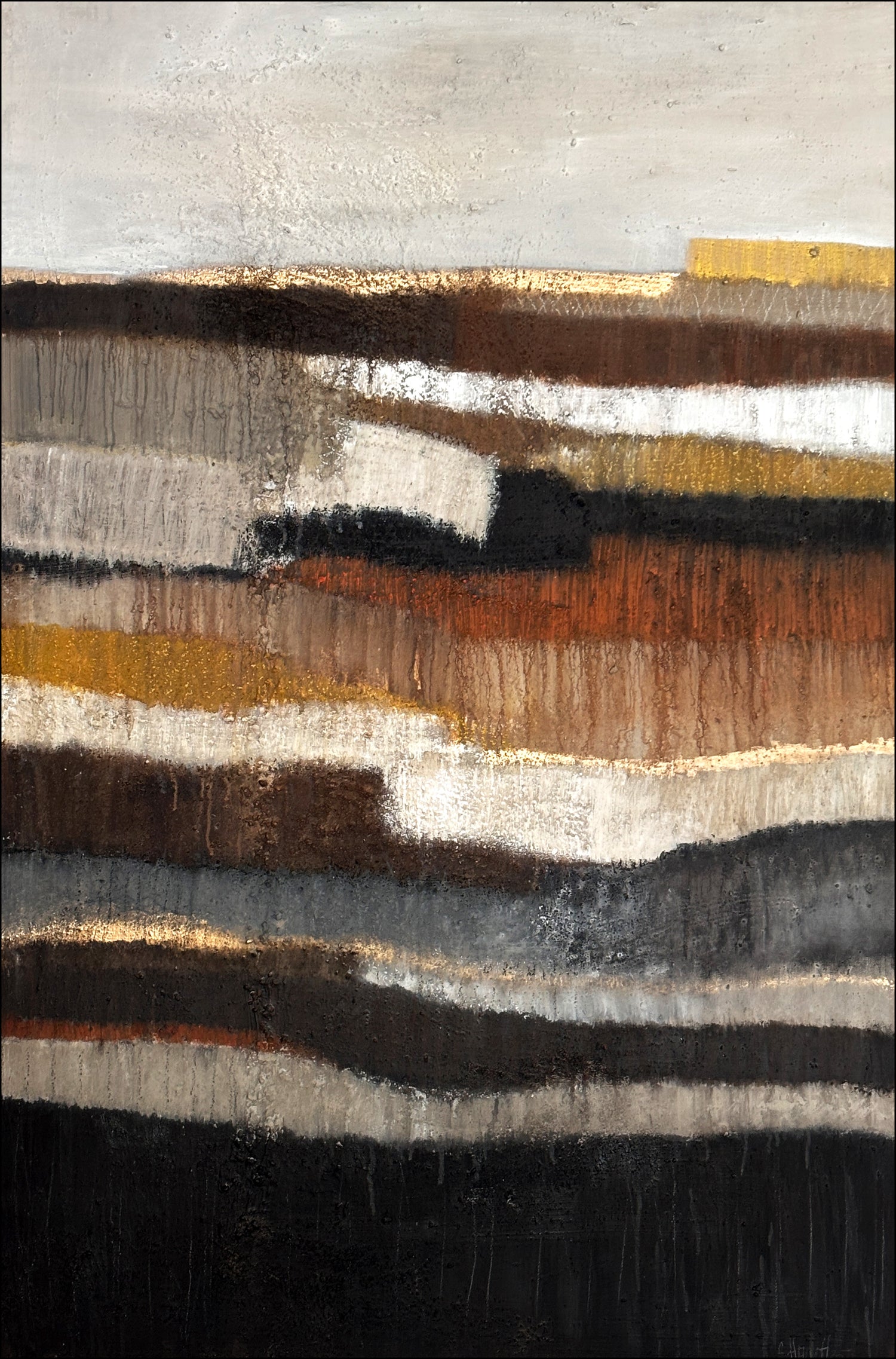„Strukturreiches Materialbild aus Erde, Asche und Marmormehl auf Leinwand, abstraktes Unikat in Naturfarben und Grau.“