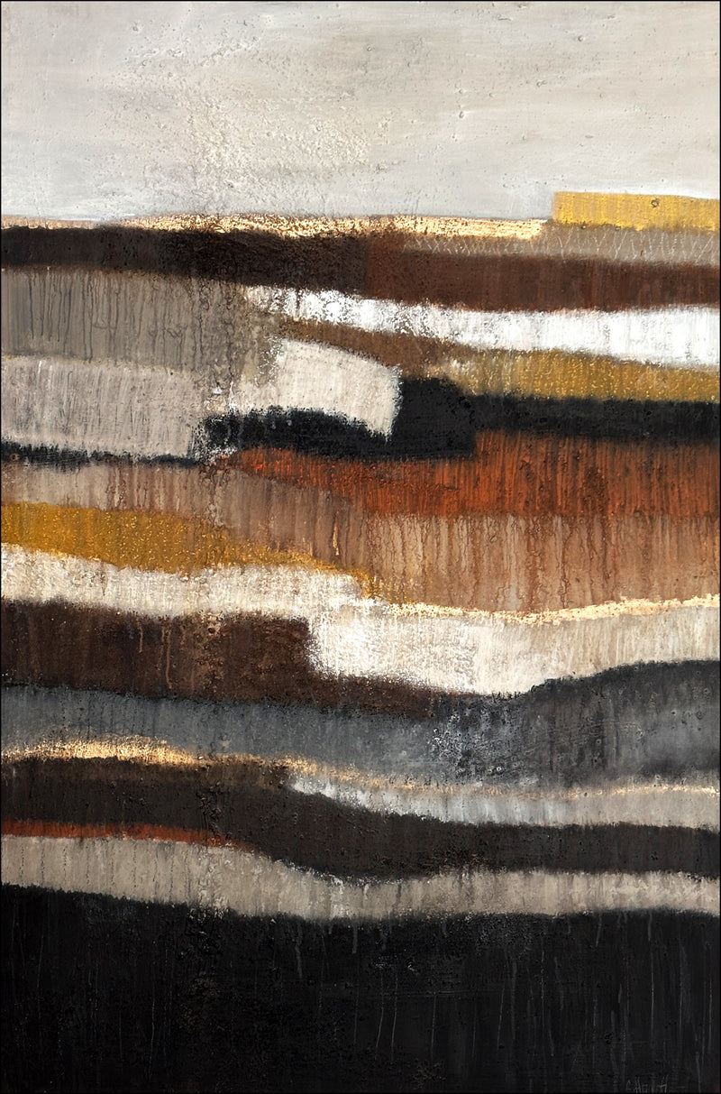 „Strukturreiches Materialbild aus Erde, Asche und Marmormehl auf Leinwand, abstraktes Unikat in Naturfarben und Grau.“