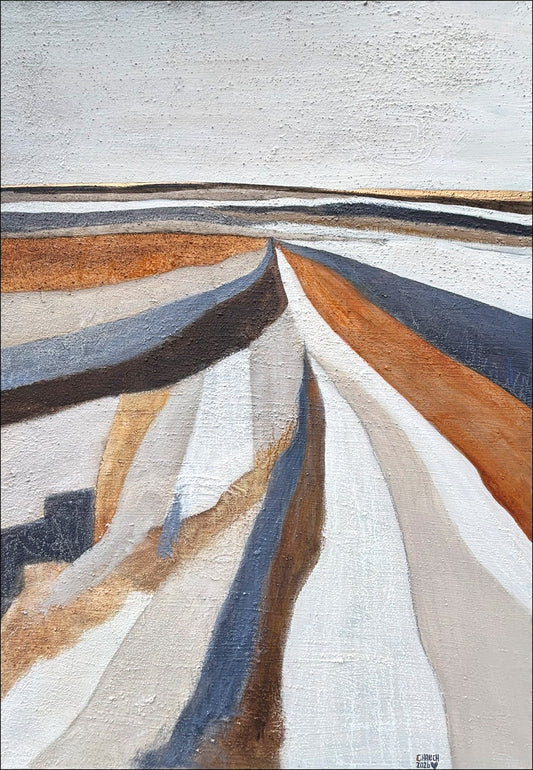 „Abstraktes Originalgemälde ‚Winterfelder‘ von Cornelia Hauch, 100x70 cm, moderne Winterlandschaft auf Leinwand.“