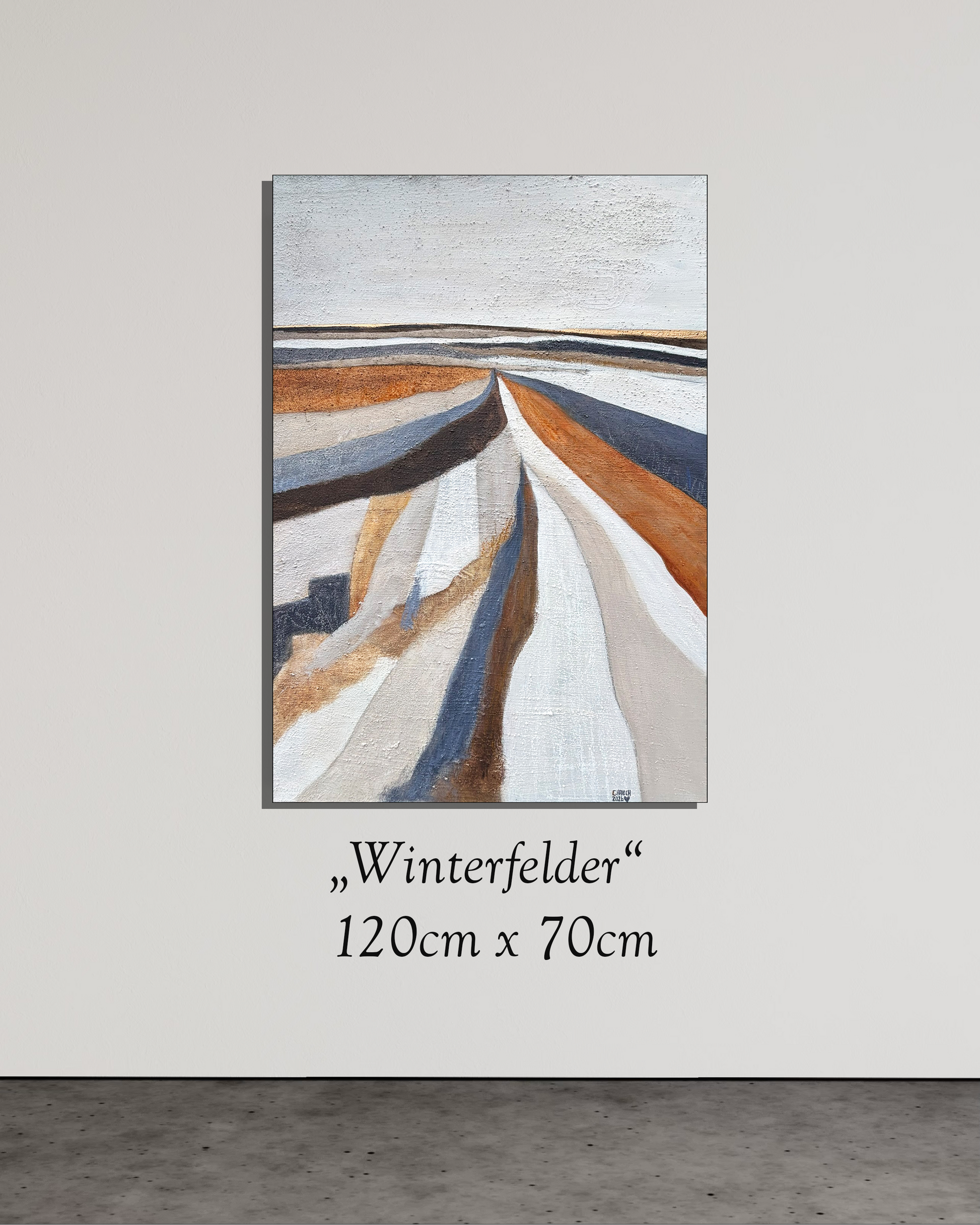 „Modernes Wandbild in kühlem Blau, Grau und Beige – eine meditative Komposition winterlicher Naturtöne.“