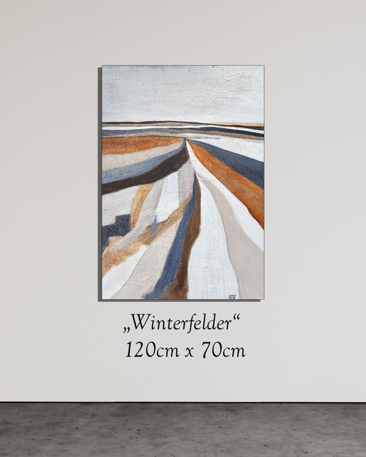 „Modernes Wandbild in kühlem Blau, Grau und Beige – eine meditative Komposition winterlicher Naturtöne.“