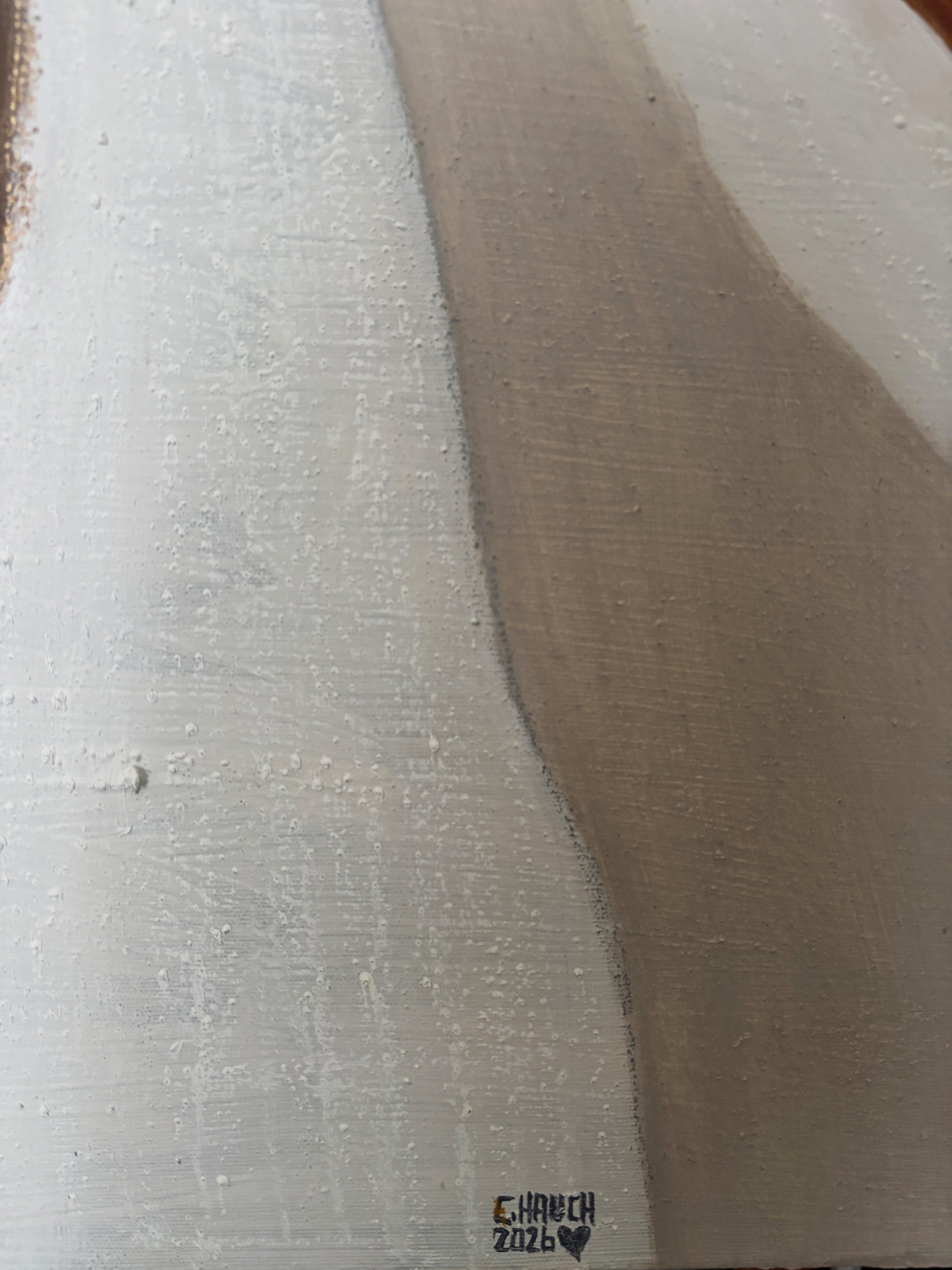 „Minimalistisches Kunstwerk ohne Rahmen; die Strukturpaste erzeugt lebendige Licht- und Schatteneffekte an der Wand.“