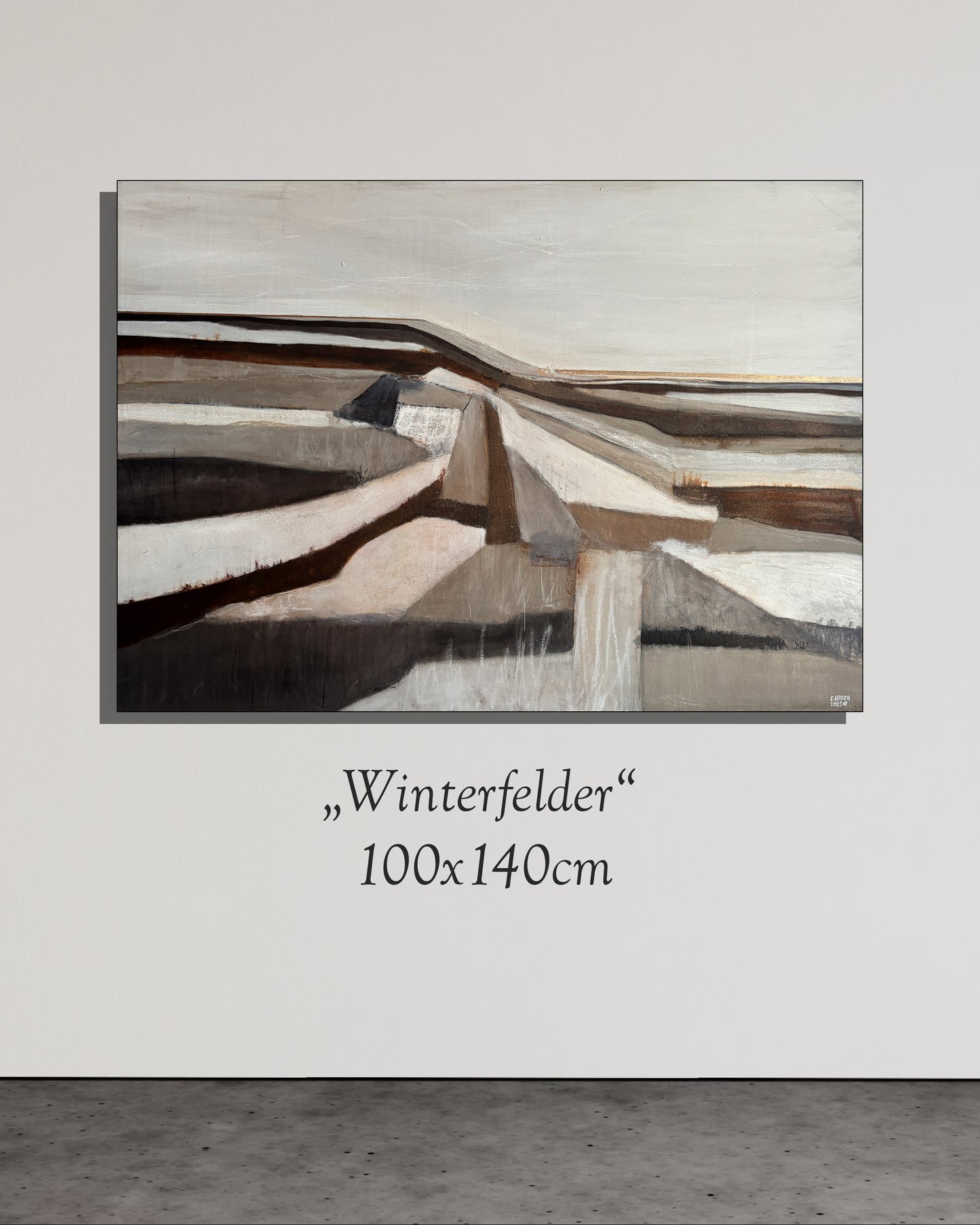 Abstraktes Gemälde „Winterfelder“ mit ruhigen Erd- und Grautönen, 100x140 cm, Acryl- und Ölfarben auf Leinwand.