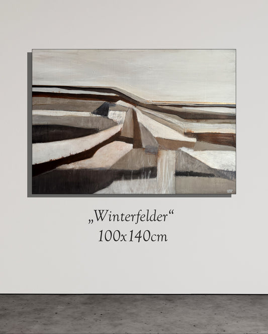 Abstraktes Gemälde „Winterfelder“ mit ruhigen Erd- und Grautönen, 100x140 cm, Acryl- und Ölfarben auf Leinwand.