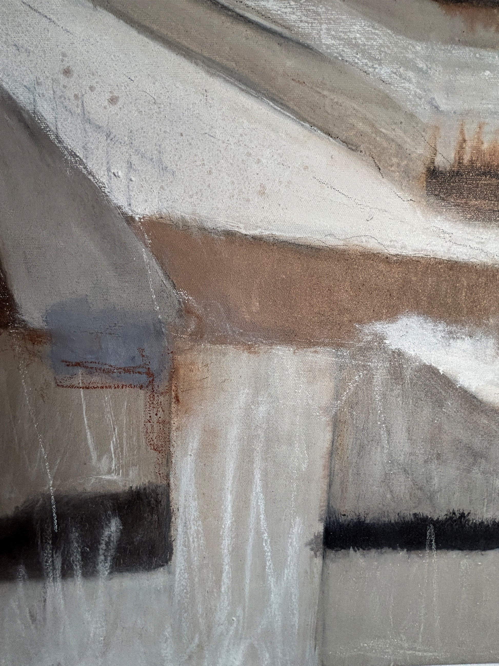 Großes Wandbild mit abstrakten Winterfeldern, horizontale Schichten, Acryl- und Ölfarbe auf Leinwand.