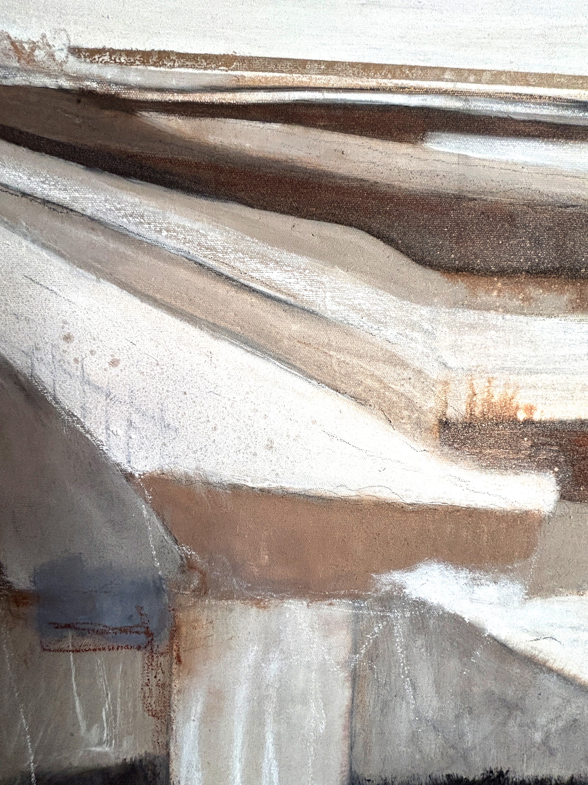 Zeitgenössisches abstraktes Gemälde mit ruhiger Winterlandschaft und feiner Strukturmalerei.