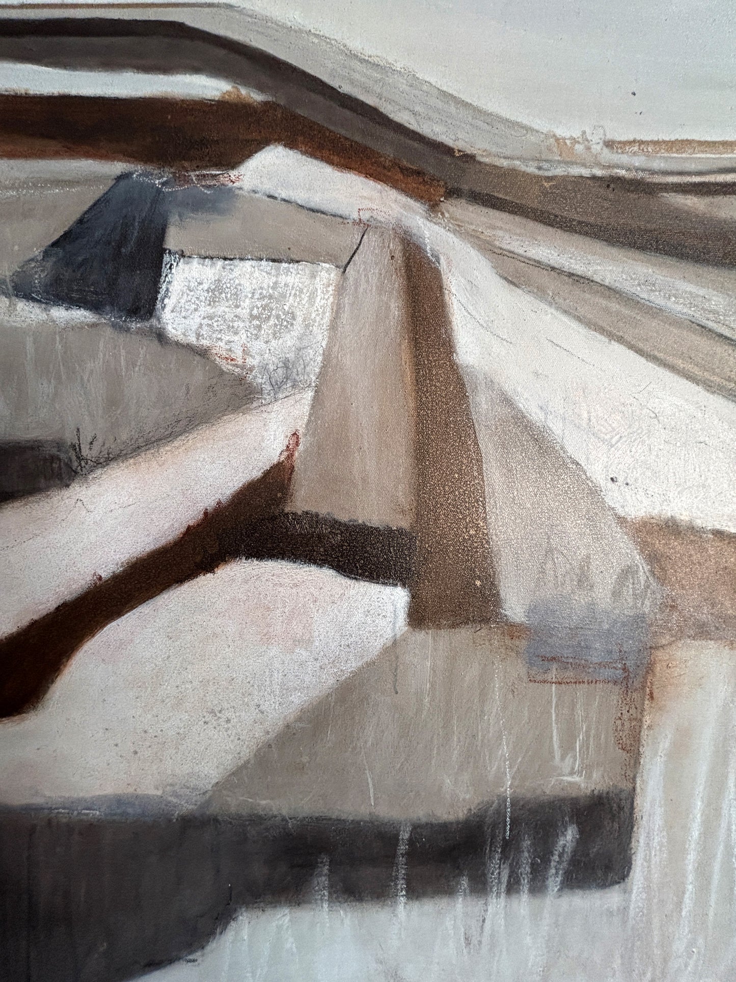 Abstraktes Leinwandbild mit Feldern im Winter, sanfte Kontraste und meditative Wirkung.