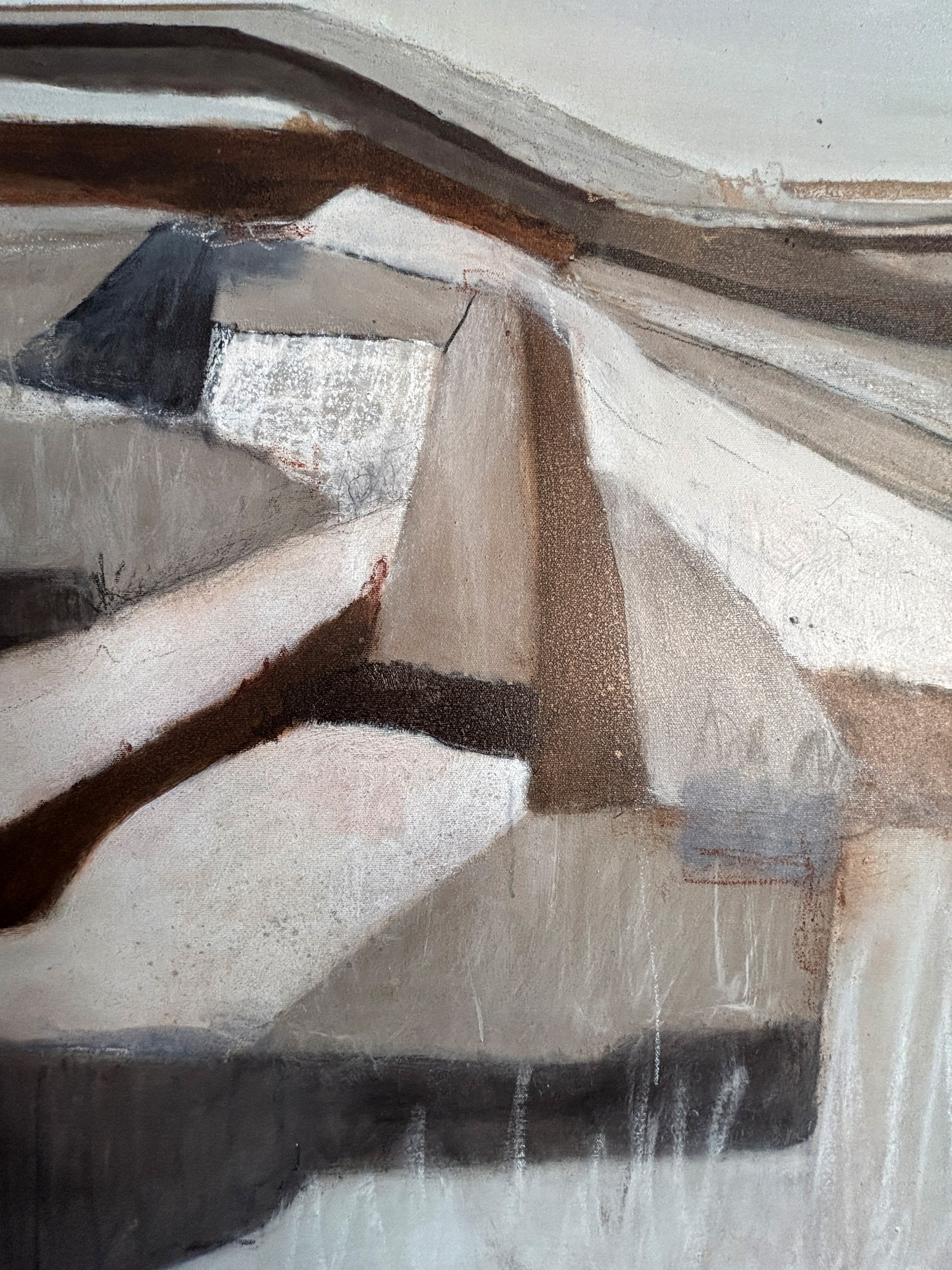 Abstraktes Leinwandbild mit Feldern im Winter, sanfte Kontraste und meditative Wirkung.